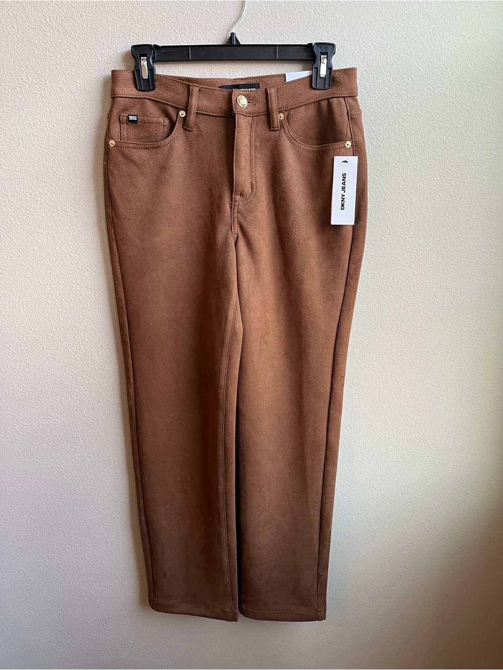 DKNY Women's Mid Rise Straight Suede Pants in Burnt Sugar Brown Polished NWT - Picture 5 of 12